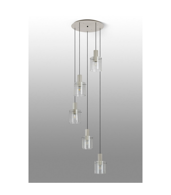 Hudson 66cm Round Pendant 5 Light Adjustable E27 Beige Stone/Clear Wide Line Glass-8