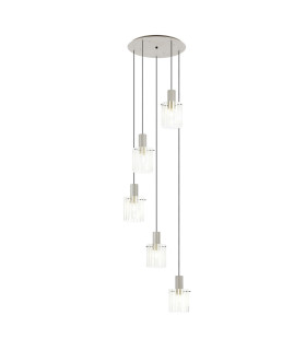 Hudson 66cm Round Pendant 5 Light Adjustable E27 Beige Stone/Frosted/Clear Wide Line Glass-1
