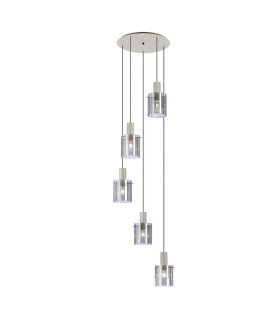 Hudson 66cm Round Pendant 5 Light Adjustable E27 Beige Stone/Smoke Wide Line Glass-1