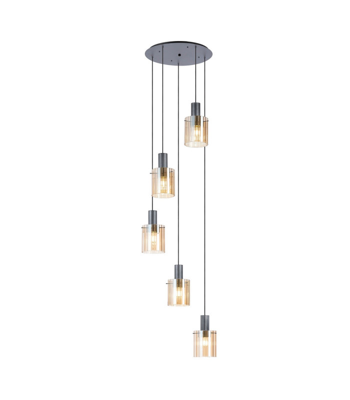 Hudson 66cm Round Pendant 5 Light Adjustable E27 Dark Grey/Amber Wide Line Glass-1