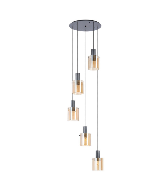 Hudson 66cm Round Pendant 5 Light Adjustable E27 Dark Grey/Amber Wide Line Glass-4