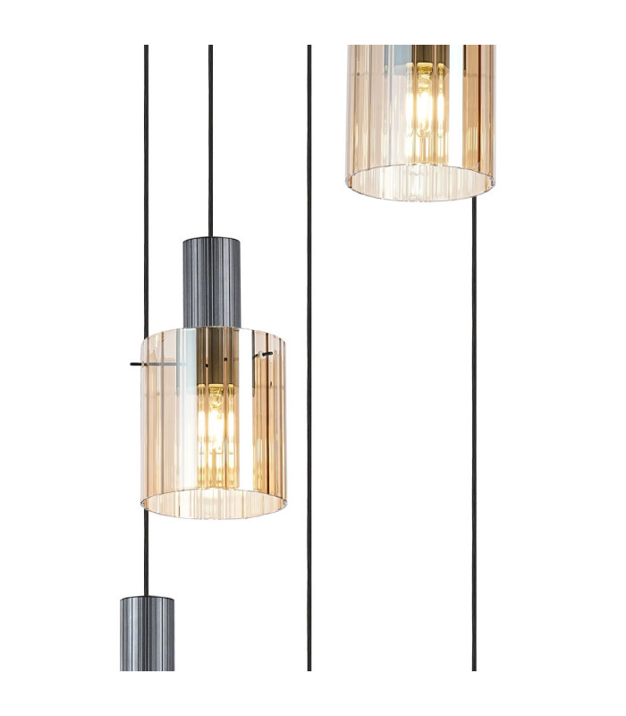 Hudson 66cm Round Pendant 5 Light Adjustable E27 Dark Grey/Amber Wide Line Glass-6