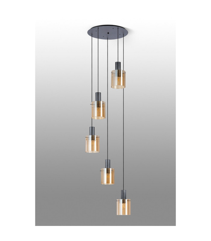 Hudson 66cm Round Pendant 5 Light Adjustable E27 Dark Grey/Amber Wide Line Glass-8
