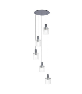 Hudson 66cm Round Pendant 5 Light Adjustable E27 Dark Grey/Clear Wide Line Glass-1