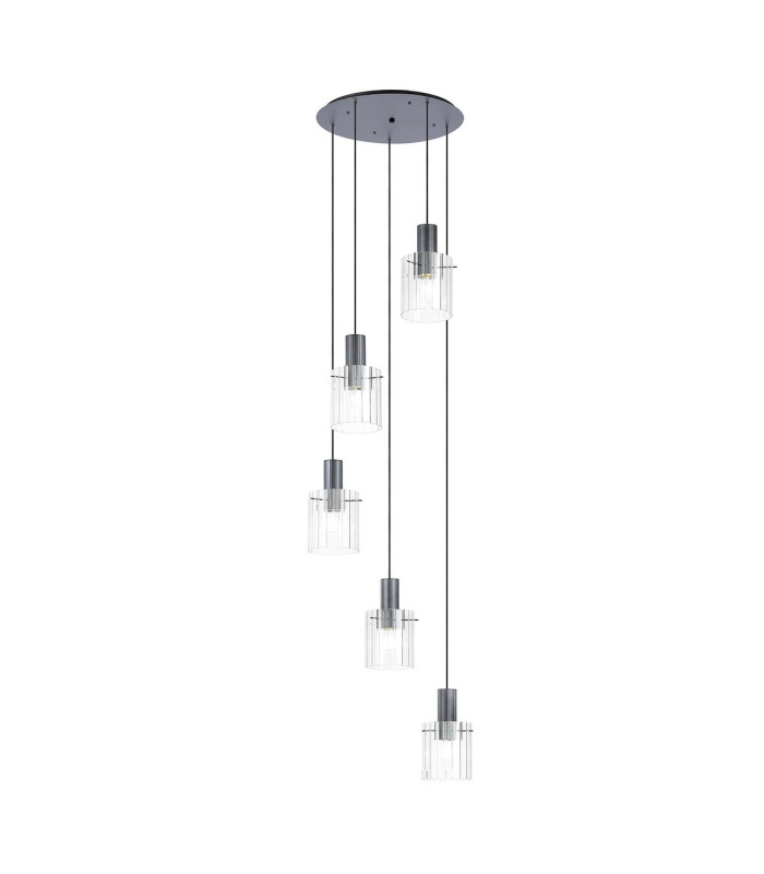 Hudson 66cm Round Pendant 5 Light Adjustable E27 Dark Grey/Clear Wide Line Glass-1