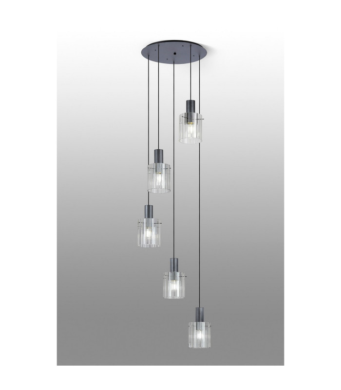 Hudson 66cm Round Pendant 5 Light Adjustable E27 Dark Grey/Clear Wide Line Glass-3