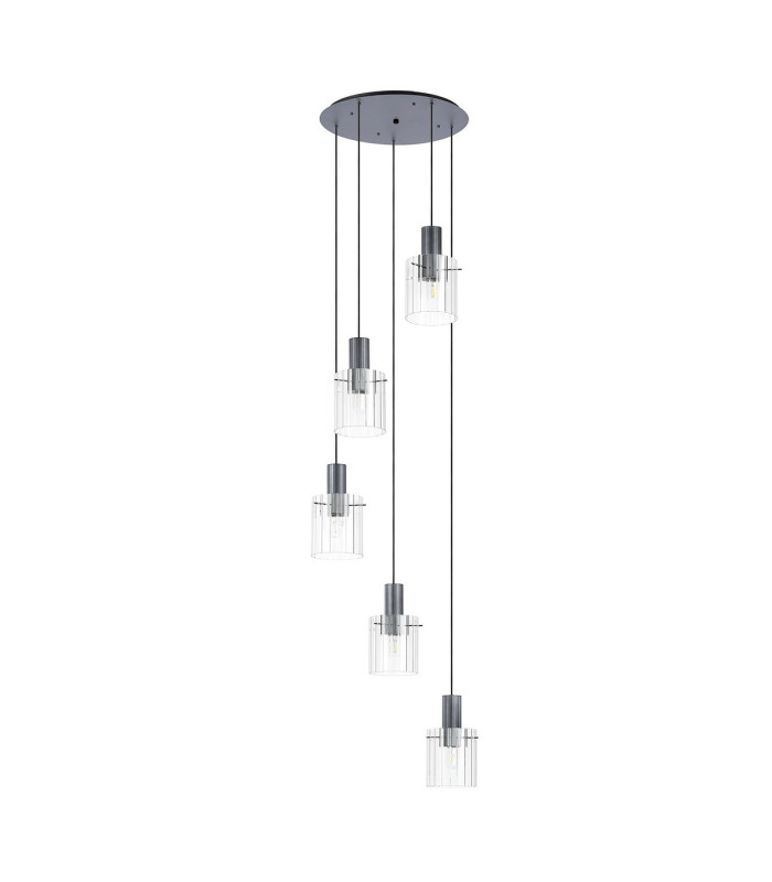 Hudson 66cm Round Pendant 5 Light Adjustable E27 Dark Grey/Clear Wide Line Glass-4