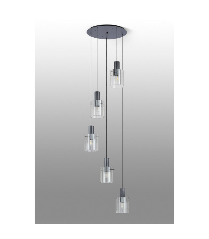 Hudson 66cm Round Pendant 5 Light Adjustable E27 Dark Grey/Clear Wide Line Glass-8