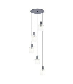 Hudson 66cm Round Pendant 5 Light Adjustable E27 Dark Grey/Frosted/Clear Wide Line Glass-1