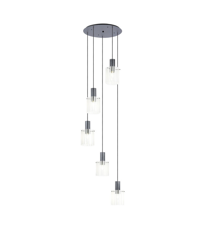 Hudson 66cm Round Pendant 5 Light Adjustable E27 Dark Grey/Frosted/Clear Wide Line Glass-1