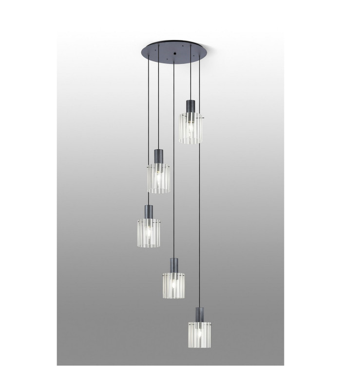 Hudson 66cm Round Pendant 5 Light Adjustable E27 Dark Grey/Frosted/Clear Wide Line Glass-3