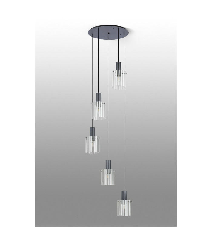 Hudson 66cm Round Pendant 5 Light Adjustable E27 Dark Grey/Frosted/Clear Wide Line Glass-8