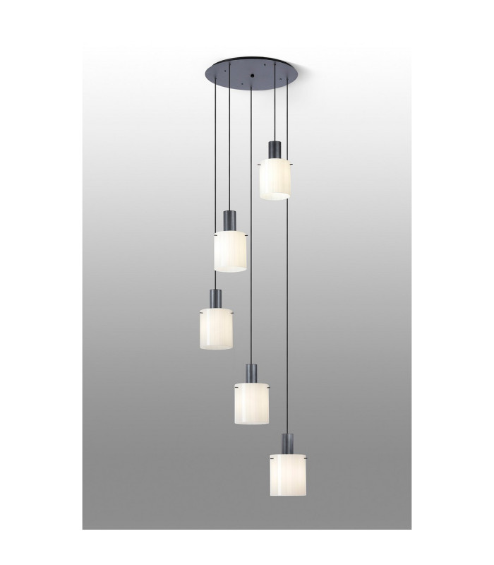 Hudson 66cm Round Pendant 5 Light Adjustable E27 Dark Grey/Gloss White Wide Line Glass-3