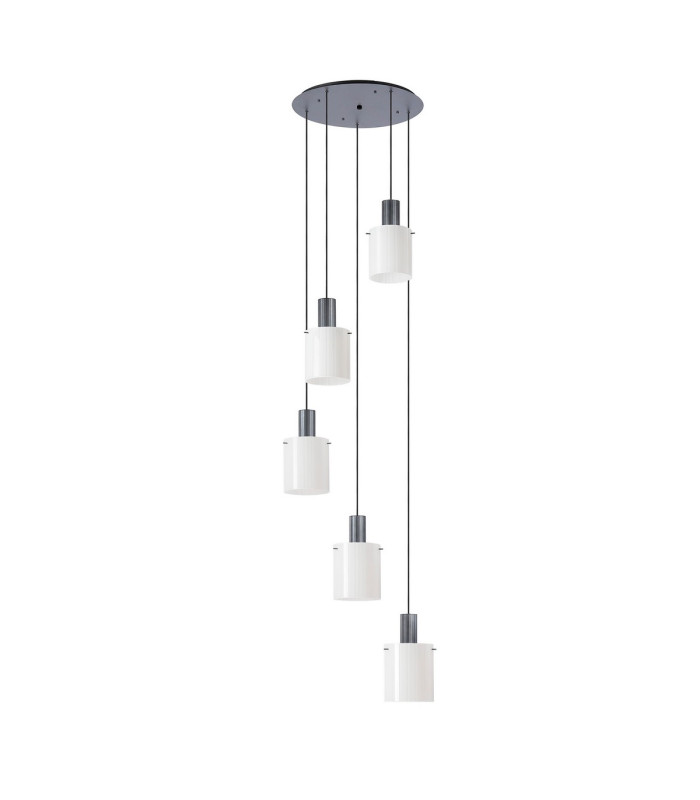 Hudson 66cm Round Pendant 5 Light Adjustable E27 Dark Grey/Gloss White Wide Line Glass-4