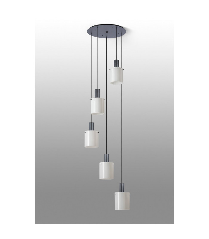 Hudson 66cm Round Pendant 5 Light Adjustable E27 Dark Grey/Gloss White Wide Line Glass-8