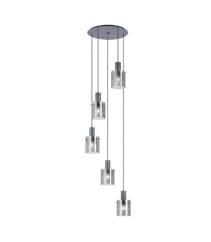 Hudson 66cm Round Pendant 5 Light Adjustable E27 Dark Grey/Smoke Wide Line Glass-1