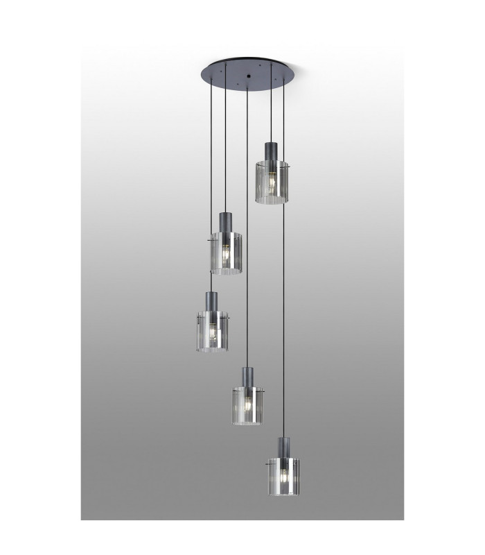 Hudson 66cm Round Pendant 5 Light Adjustable E27 Dark Grey/Smoke Wide Line Glass-3