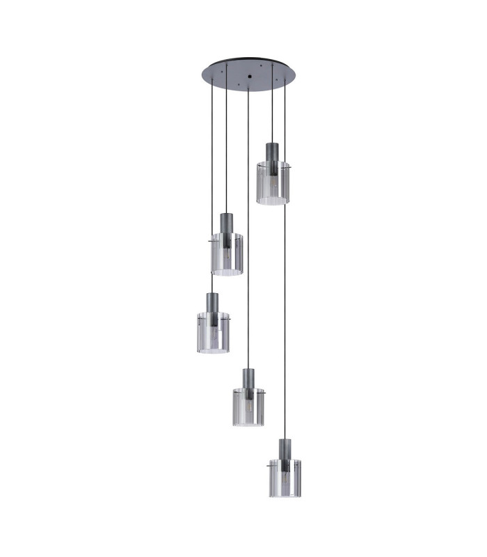 Hudson 66cm Round Pendant 5 Light Adjustable E27 Dark Grey/Smoke Wide Line Glass-4