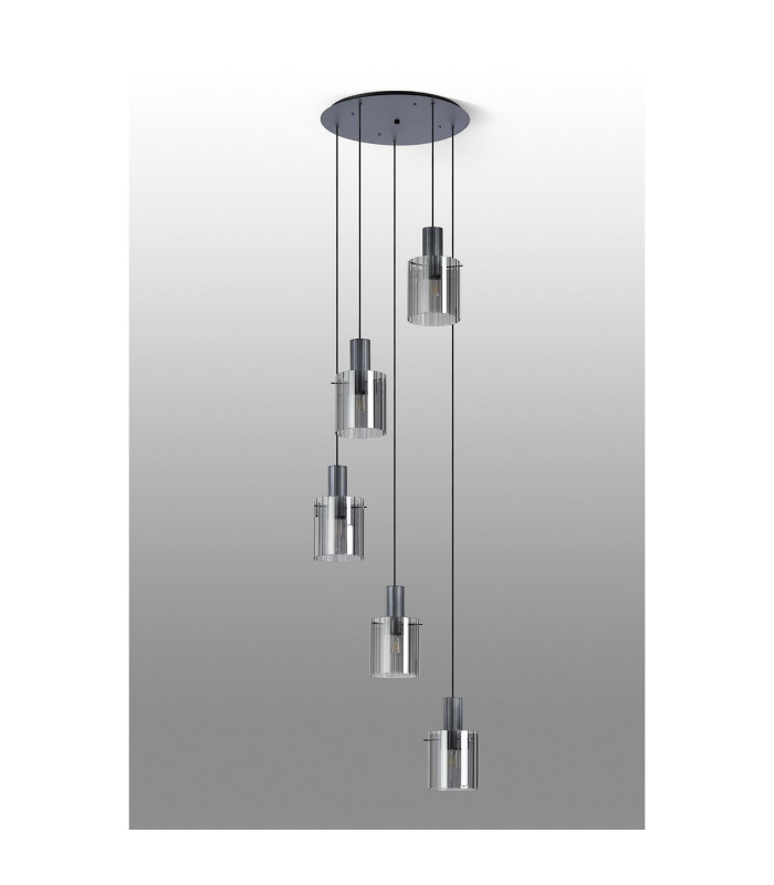Hudson 66cm Round Pendant 5 Light Adjustable E27 Dark Grey/Smoke Wide Line Glass-8
