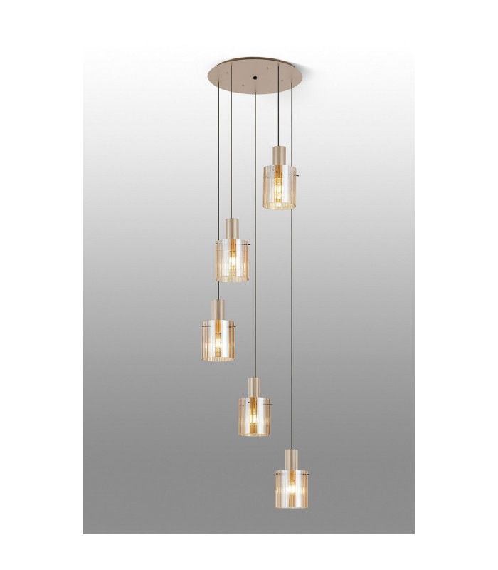 Hudson 66cm Round Pendant 5 Light Adjustable E27 Light Gold/Amber Wide Line Glass-3