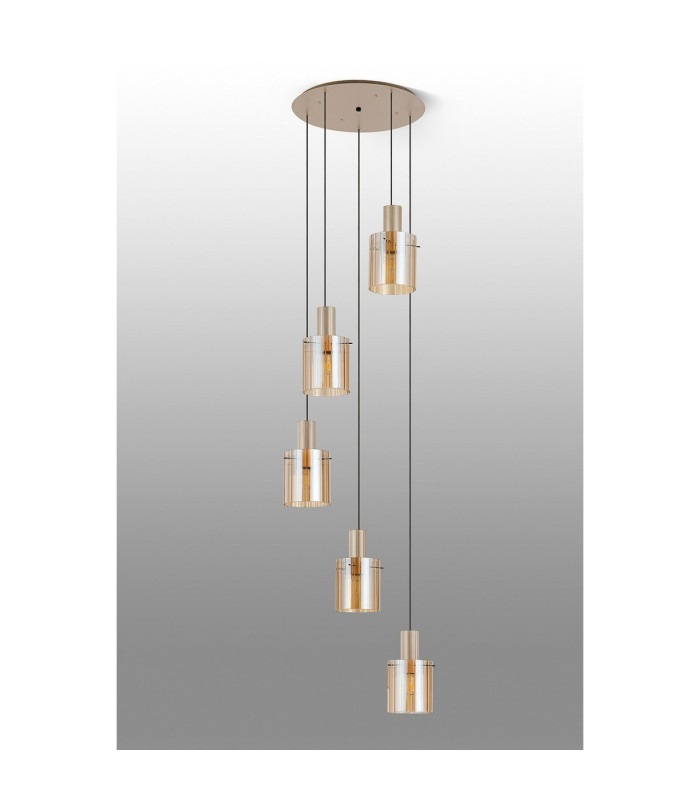 Hudson 66cm Round Pendant 5 Light Adjustable E27 Light Gold/Amber Wide Line Glass-8