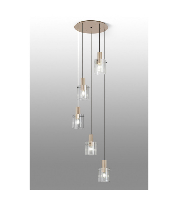 Hudson 66cm Round Pendant 5 Light Adjustable E27 Light Gold/Clear Wide Line Glass-3