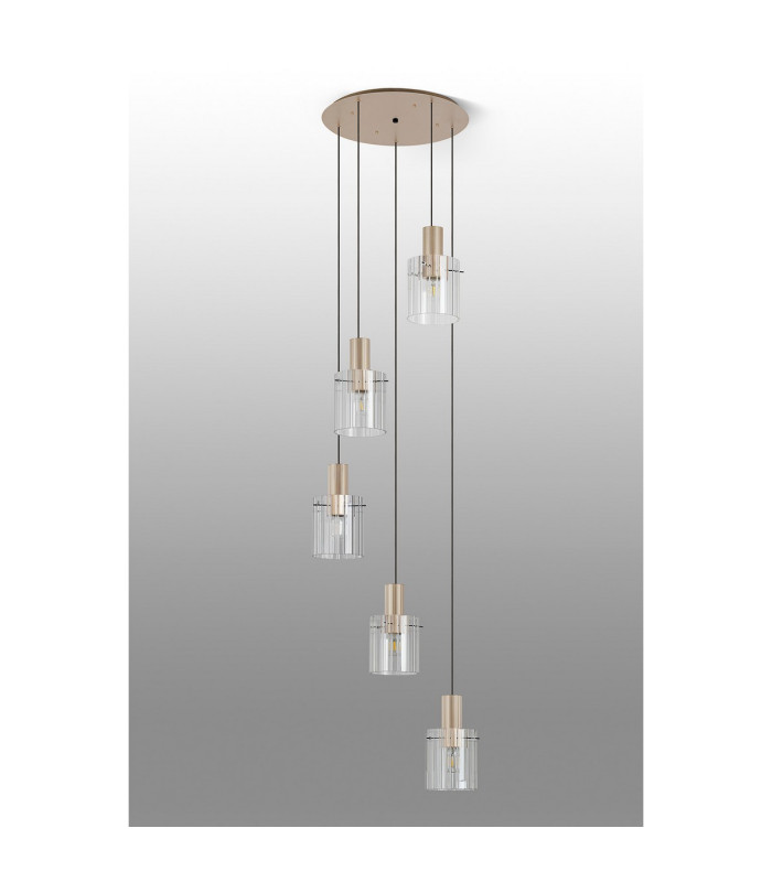 Hudson 66cm Round Pendant 5 Light Adjustable E27 Light Gold/Clear Wide Line Glass-8