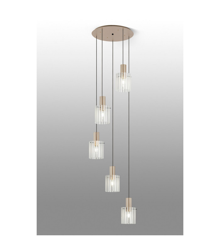 Hudson 66cm Round Pendant 5 Light Adjustable E27 Light Gold/Frosted/Clear Wide Line Glass-3