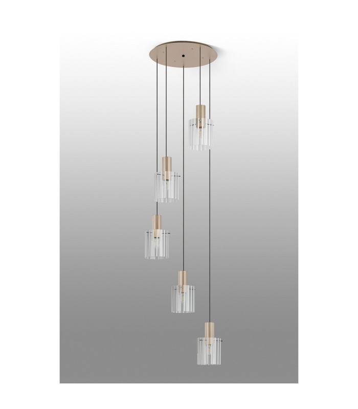 Hudson 66cm Round Pendant 5 Light Adjustable E27 Light Gold/Frosted/Clear Wide Line Glass-8