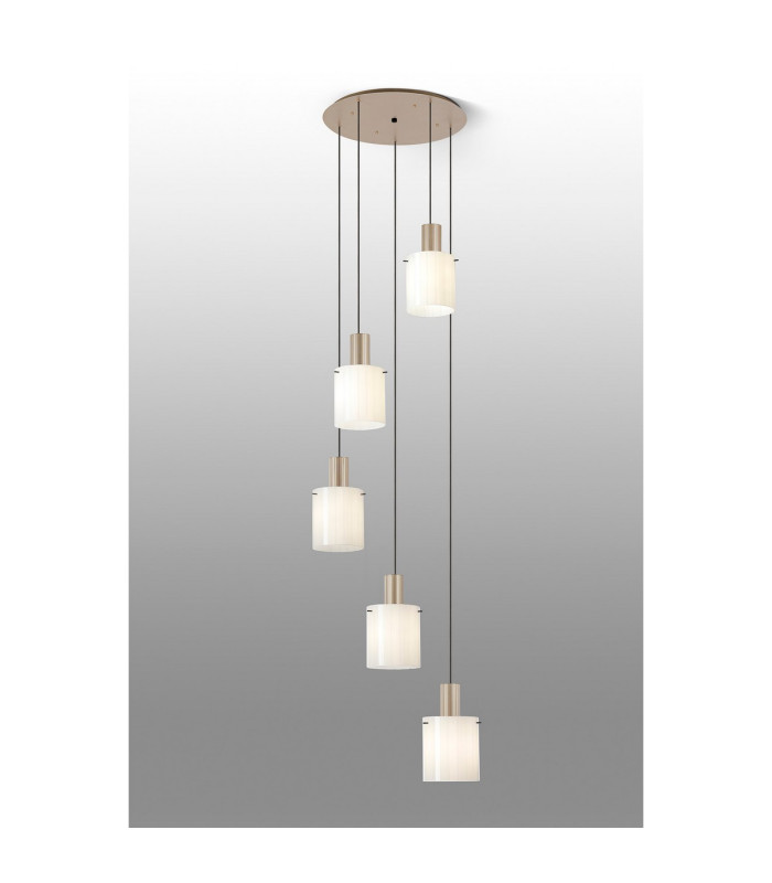 Hudson 66cm Round Pendant 5 Light Adjustable E27 Light Gold/Gloss White Wide Line Glass-3