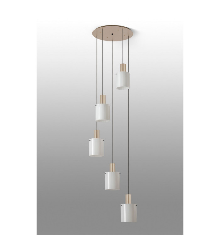 Hudson 66cm Round Pendant 5 Light Adjustable E27 Light Gold/Gloss White Wide Line Glass-8