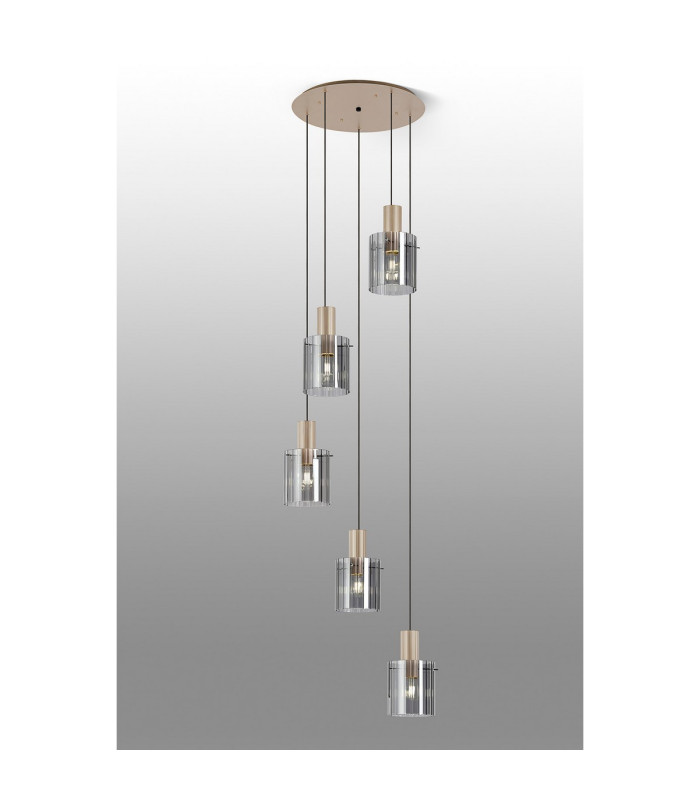 Hudson 66cm Round Pendant 5 Light Adjustable E27 Light Gold/Smoke Wide Line Glass-3