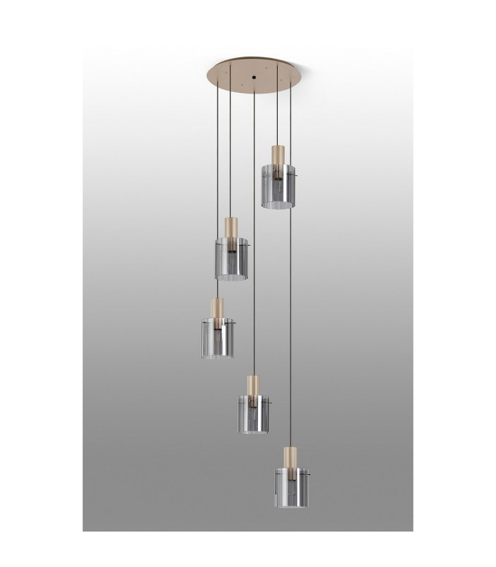 Hudson 66cm Round Pendant 5 Light Adjustable E27 Light Gold/Smoke Wide Line Glass-8