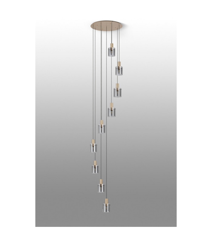 Hudson 86cm Round Pendant 9 Light Adjustable E27 Light Gold/Smoke Narrow Line Glass Item Weight: 21kg-9