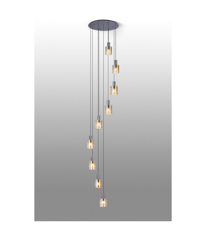 Hudson 86cm Round Pendant 9 Light Adjustable E27 Dark Grey/Amber Wide Line Glass Item Weight: 21kg-3