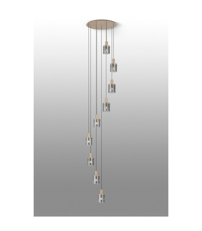 Hudson 86cm Round Pendant 9 Light Adjustable E27 Light Gold/Smoke Wide Line Glass Item Weight: 21kg-3