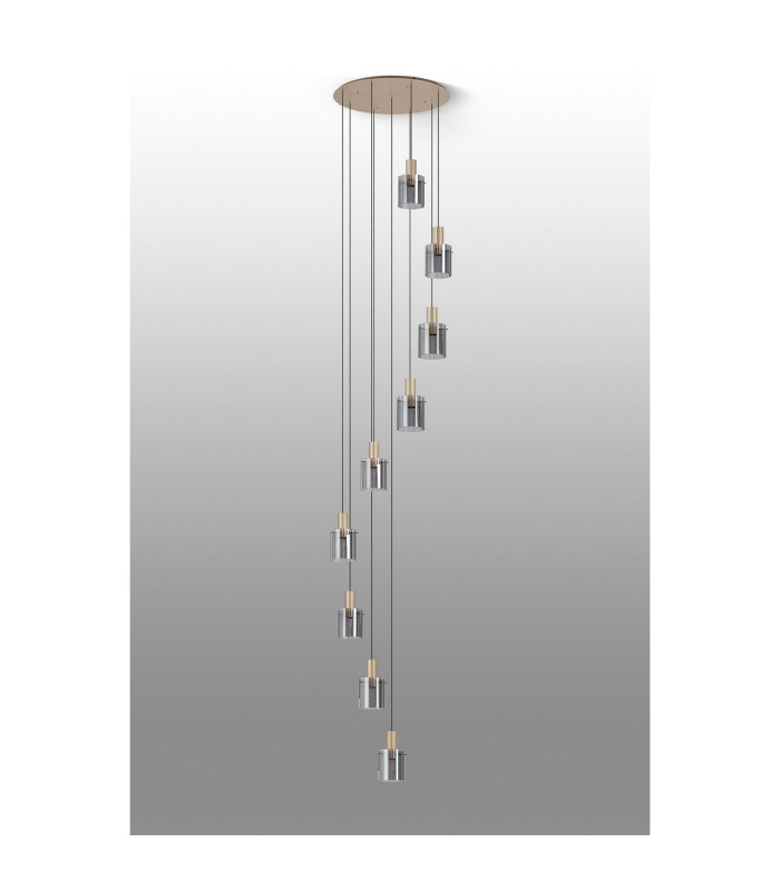 Hudson 86cm Round Pendant 9 Light Adjustable E27 Light Gold/Smoke Wide Line Glass Item Weight: 21kg-9