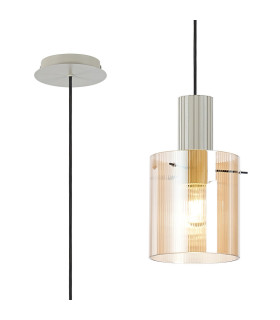 Hudson 21cm Single Pendant 1 Light Adjustable E27 Beige Stone/Amber Narrow Line Glass-1