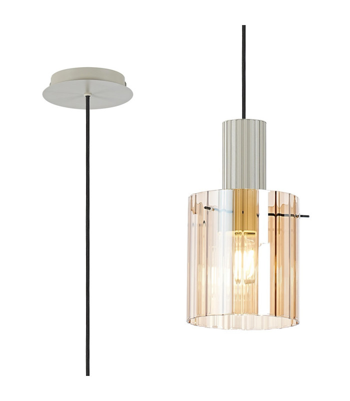Hudson 21cm Single Pendant 1 Light Adjustable E27 Beige Stone/Amber Wide Line Glass-1