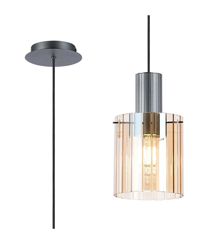 Hudson 21cm Single Pendant 1 Light Adjustable E27 Dark Grey/Amber Wide Line Glass-1