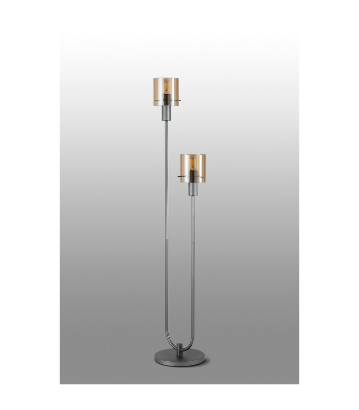 Hudson Stepped Floor Lamp 2 Light E27 Dark Grey/Amber Narrow Line Glass-7