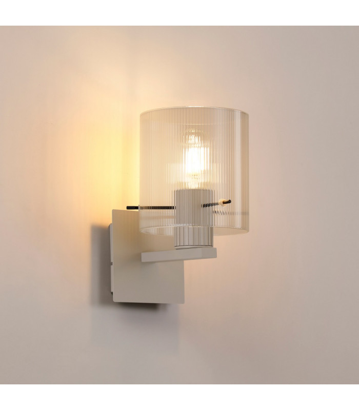 Hudson Single Switched Wall Lamp 1 Light E27 Beige Stone/Clear Narrow Line Glass-3
