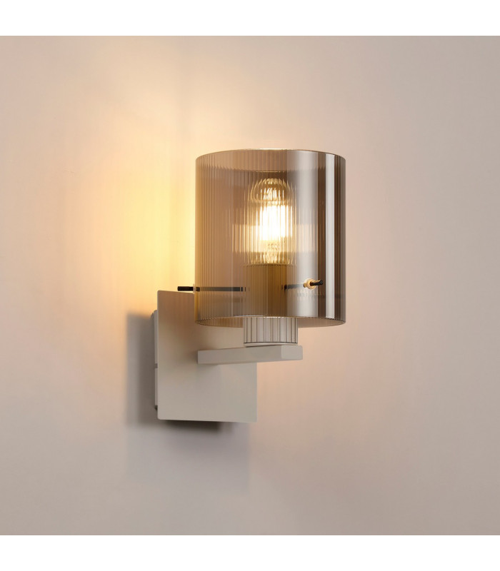 Hudson Single Switched Wall Lamp 1 Light E27 Beige Stone/Smoke Narrow Line Glass-3