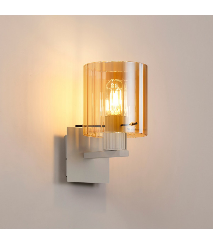 Hudson Single Switched Wall Lamp 1 Light E27 Beige Stone/Amber Wide Line Glass-3