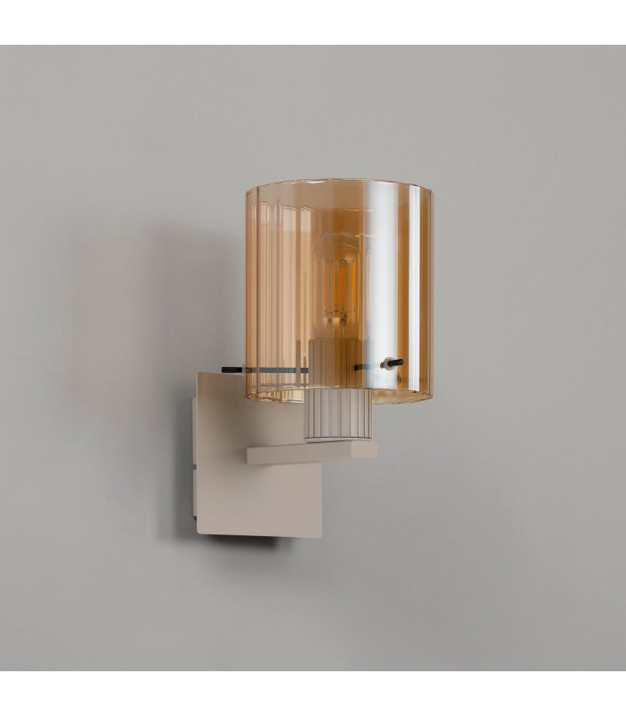 Hudson Single Switched Wall Lamp 1 Light E27 Beige Stone/Amber Wide Line Glass-7