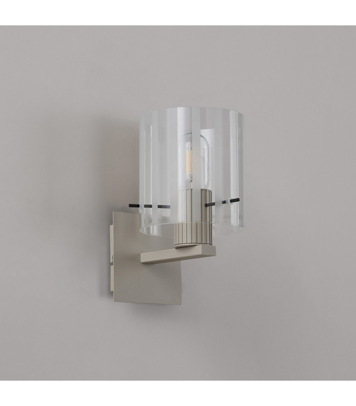 Hudson Single Switched Wall Lamp 1 Light E27 Beige Stone/Frosted/Clear Wide Line Glass-7