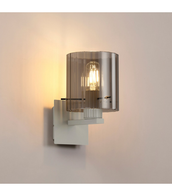 Hudson Single Switched Wall Lamp 1 Light E27 Beige Stone/Smoke Wide Line Glass-3