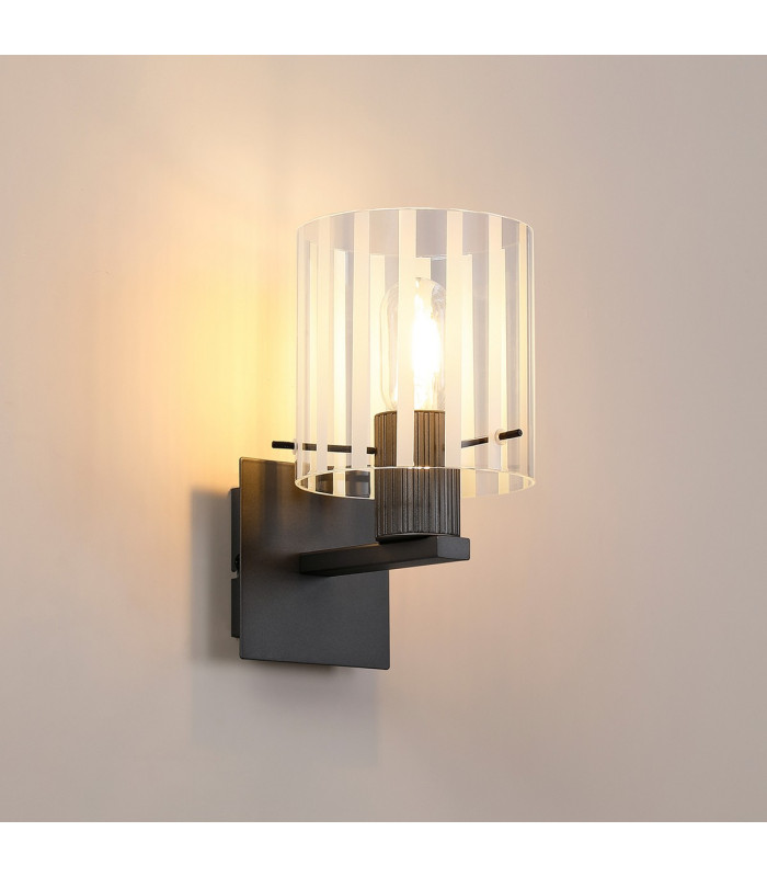 Hudson Single Switched Wall Lamp 1 Light E27 Dark Grey/Frosted/Clear Wide Line Glass-3