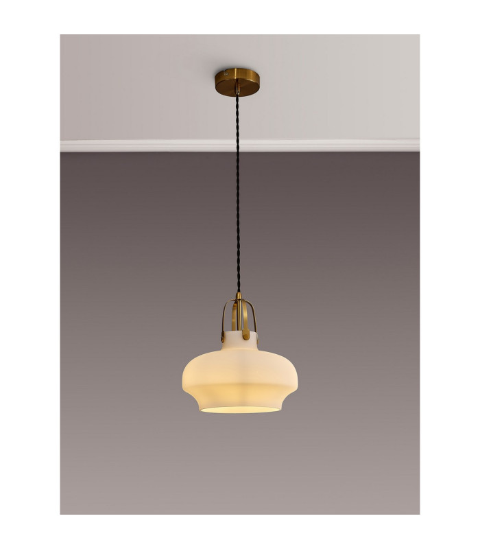 Cobleskill 23cm Single Pendant 1 Light E27 Aged Brass/Opal Glass-3