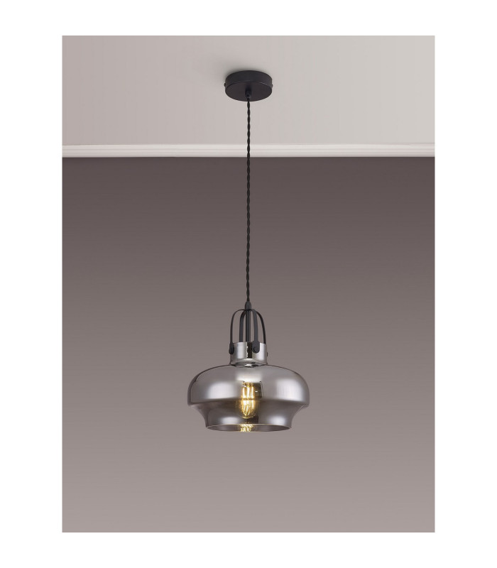 Cobleskill 23cm Single Pendant 1 Light E27 Satin Black/Smoke Plated Glass-3